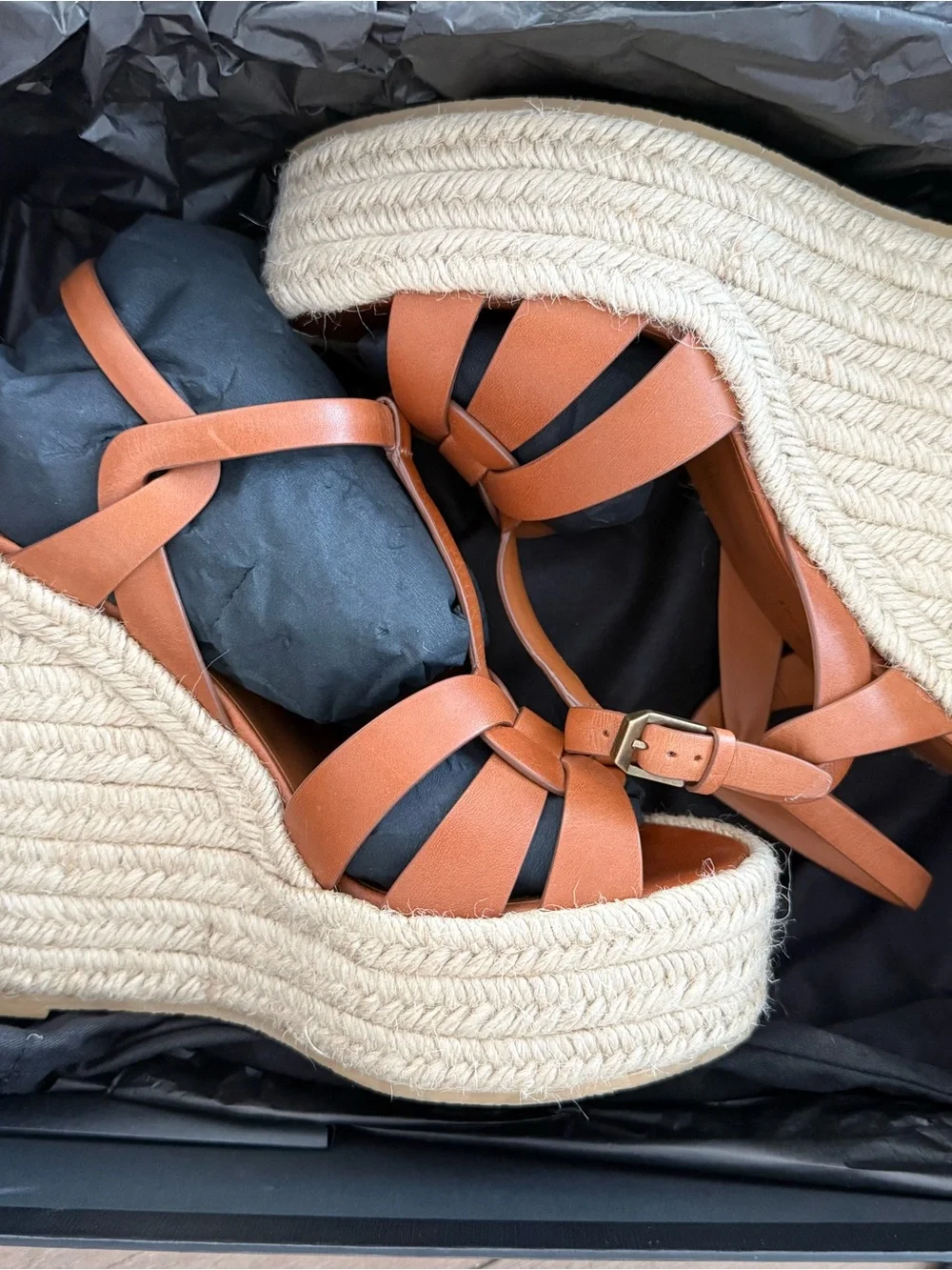 Saint Laurent Tan Leather Espadrille Wedge Sandals